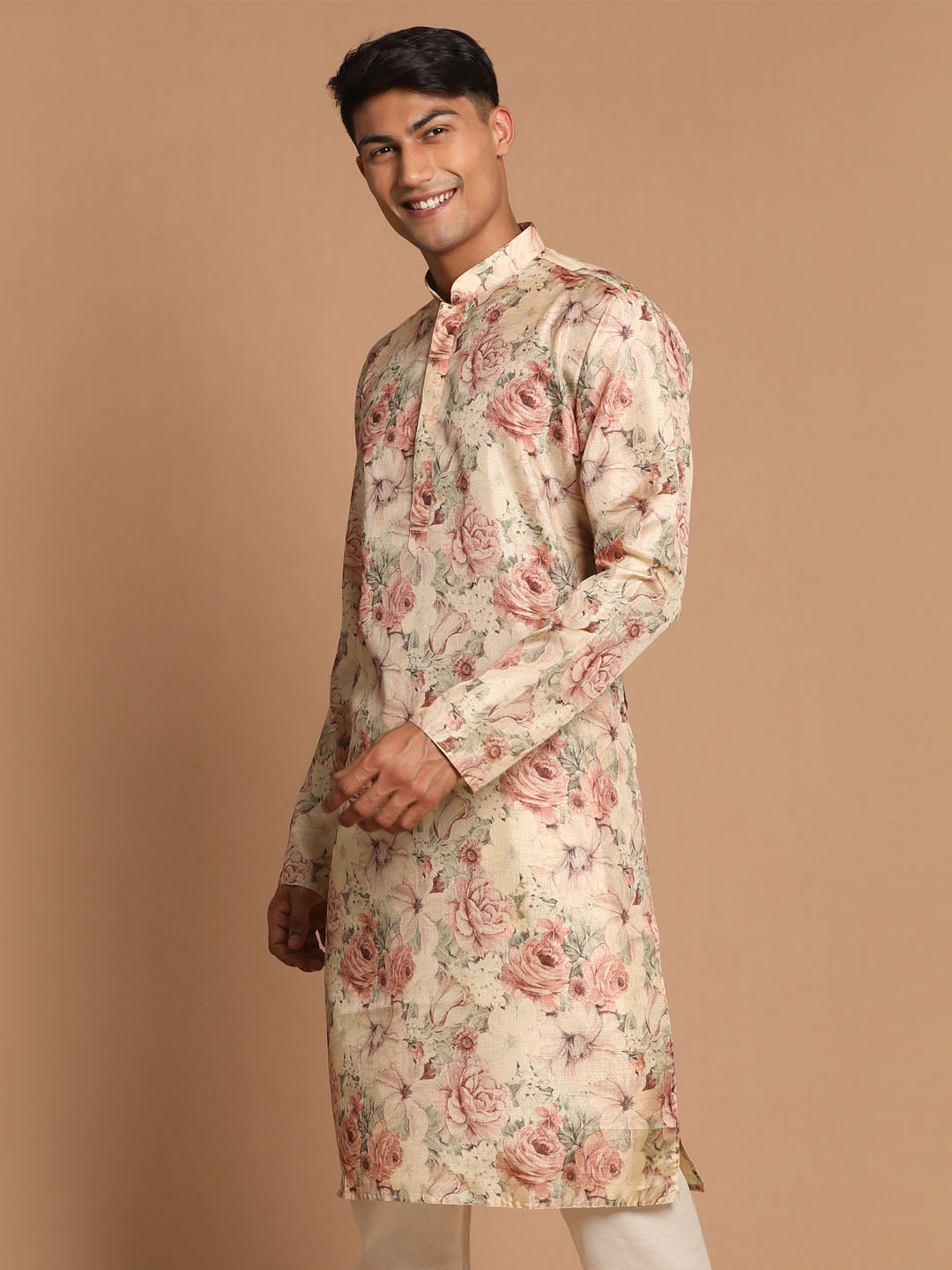 Vastramay Men's Beige Floral Printed Straight Kurta