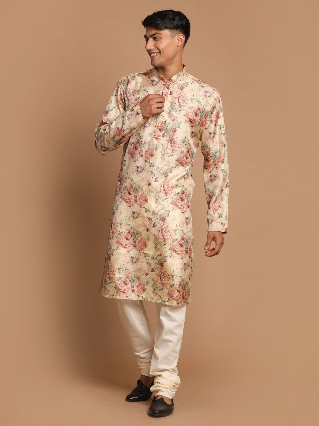 Vastramay Men's Beige Floral Printed Kurta with Cream Solid Pyjama Set