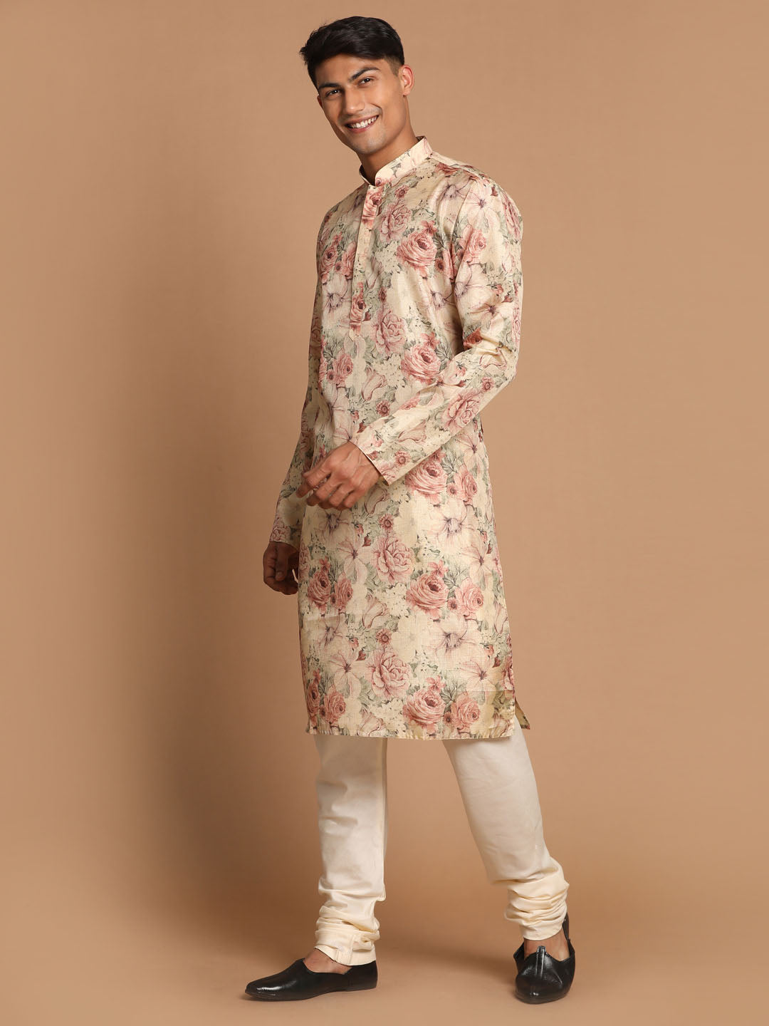 Vastramay Men's Beige Floral Printed Kurta with Cream Solid Pyjama Set