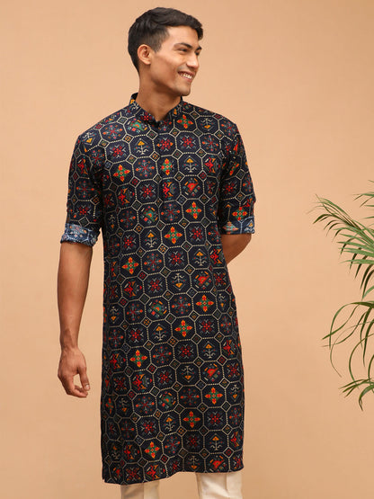 Vastramay mens blue color printed silk blend ethnic kurta