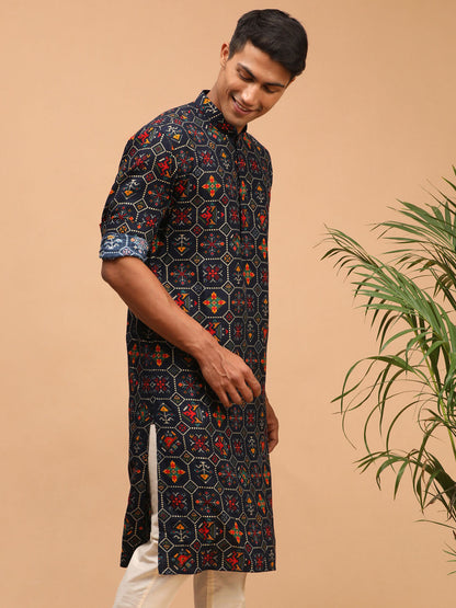 Vastramay mens blue color printed silk blend ethnic kurta