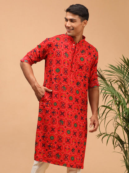 Vastramay mens red color printed silk blend ethnic kurta