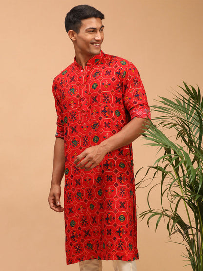 Vastramay mens red color printed silk blend ethnic kurta