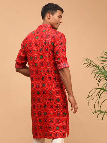 Vastramay mens red color printed silk blend ethnic kurta