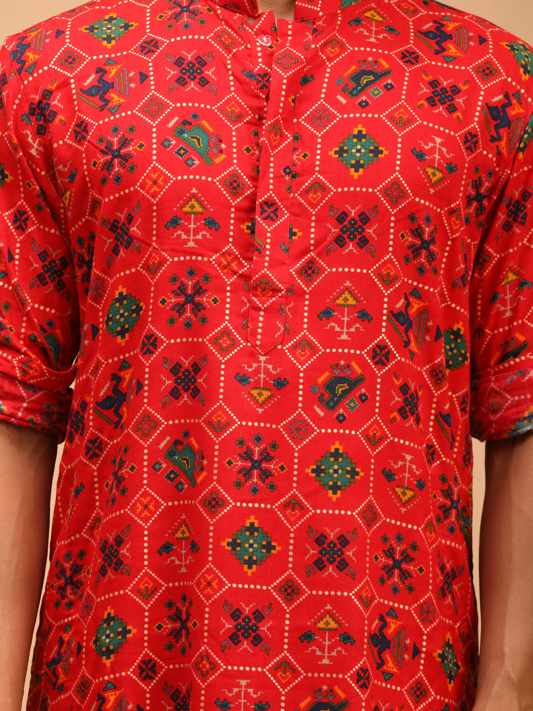 Vastramay mens red color printed silk blend ethnic kurta