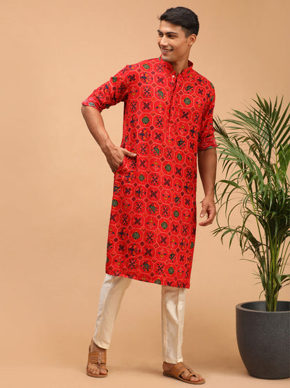 Vastramay Men's Red Printed Rayon Kurta