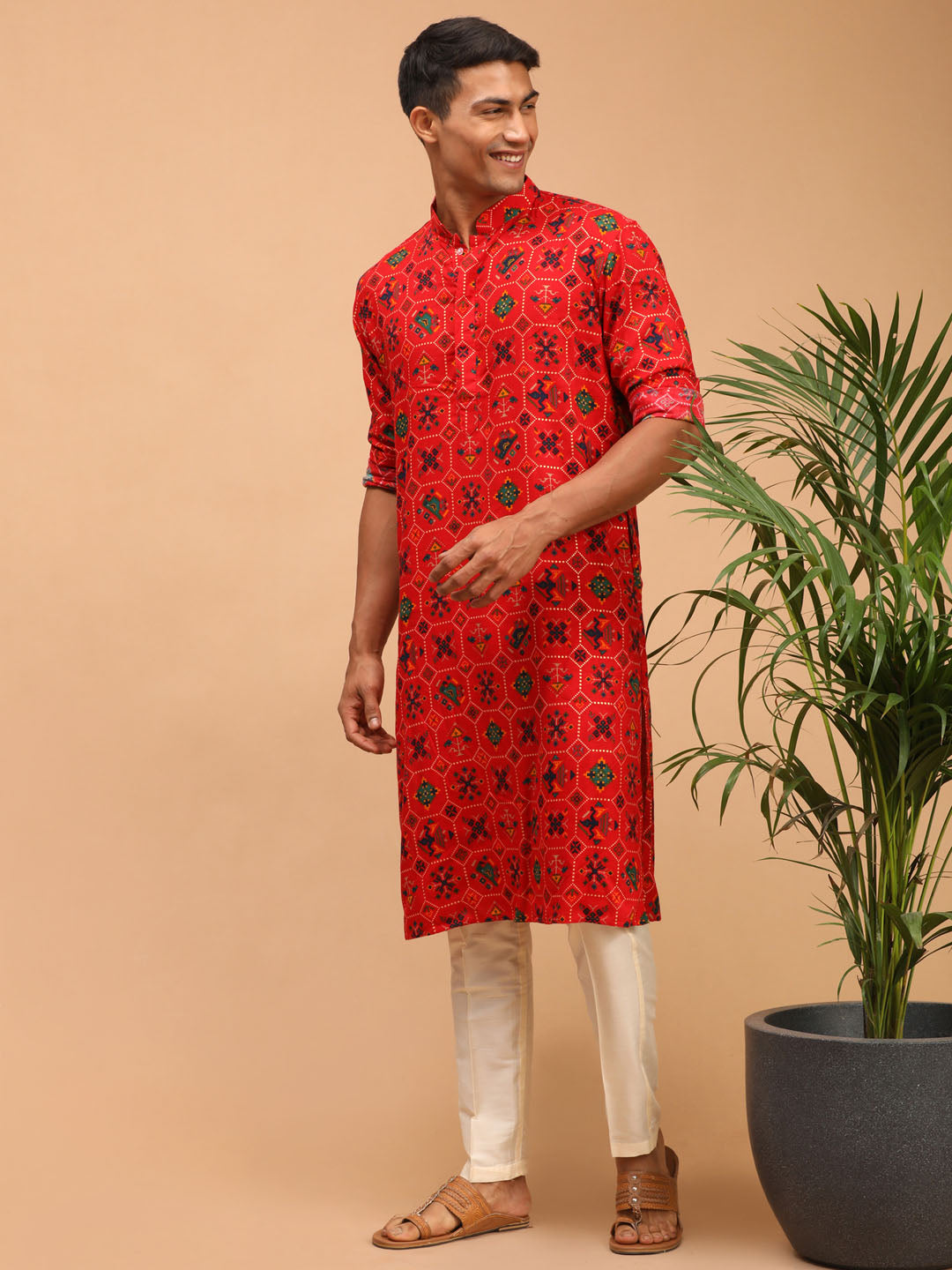 Vastramay mens red color printed silk blend ethnic kurta and cream solid pant