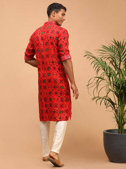 Vastramay mens red color printed silk blend ethnic kurta and cream solid pant