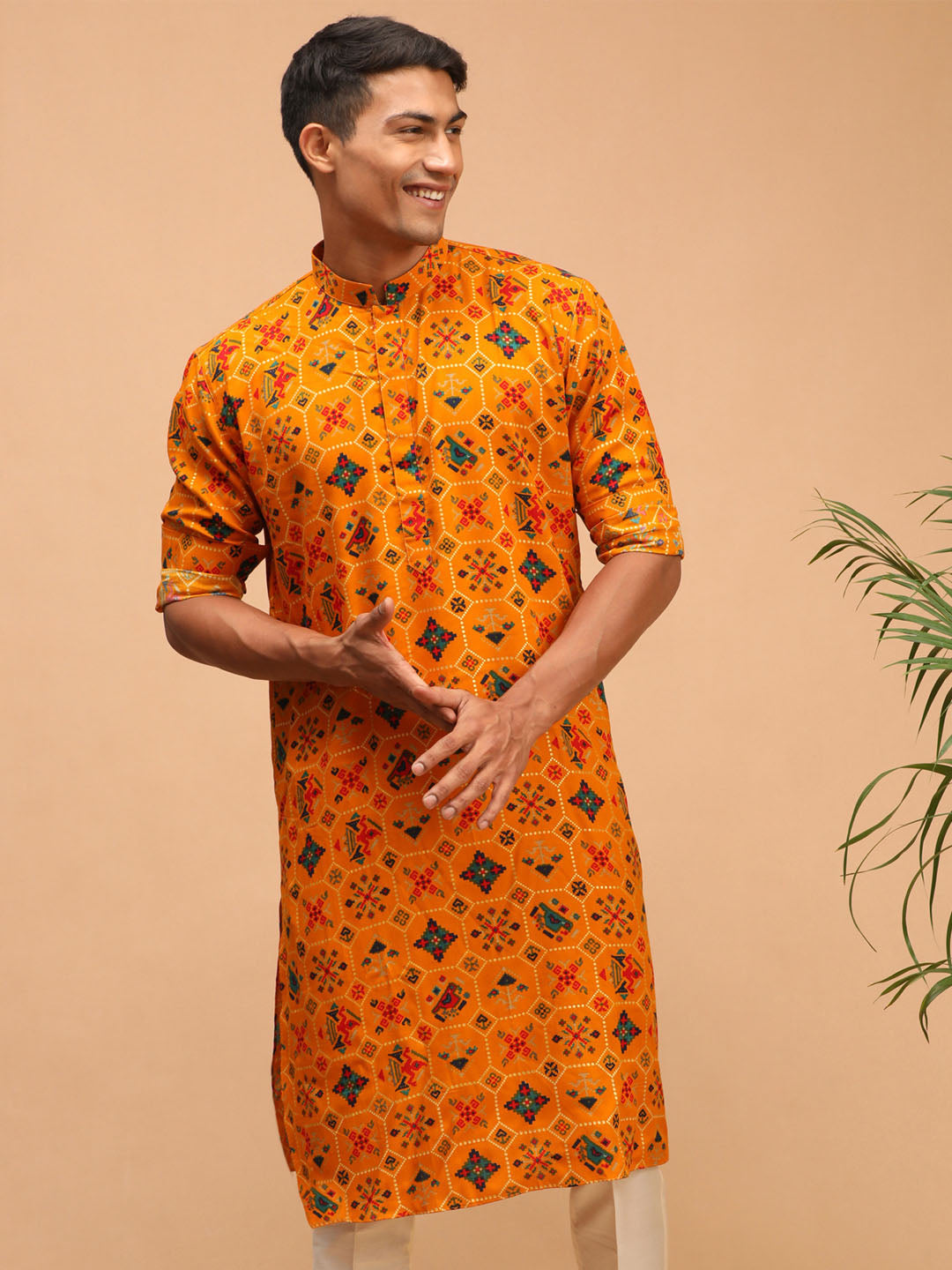 Vastramay mens yellow color printed silk blend ethnic kurta