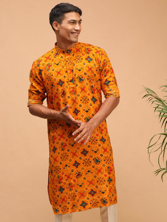 Vastramay mens yellow color printed silk blend ethnic kurta