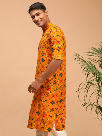 Vastramay mens yellow color printed silk blend ethnic kurta