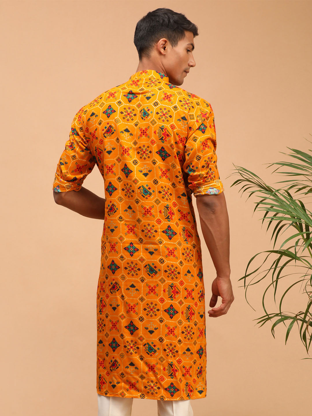 Vastramay mens yellow color printed silk blend ethnic kurta