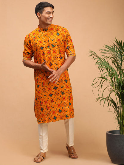 Vastramay mens yellow color printed silk blend ethnic kurta and cream solid pant