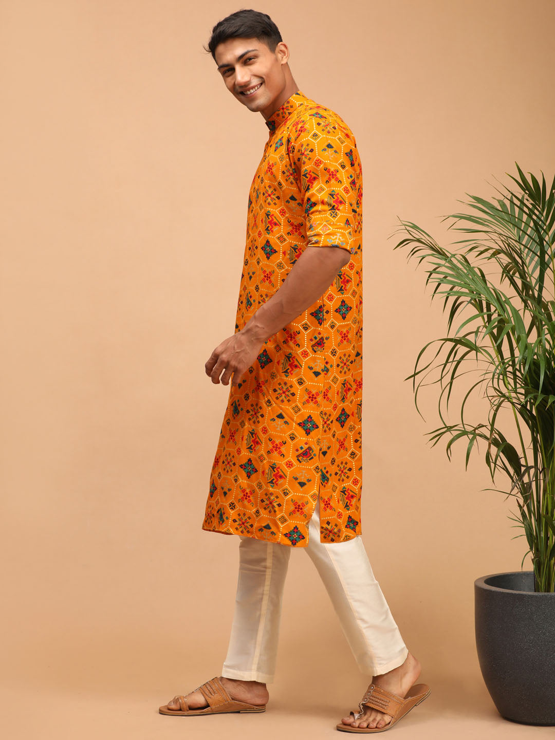 Vastramay mens yellow color printed silk blend ethnic kurta and cream solid pant