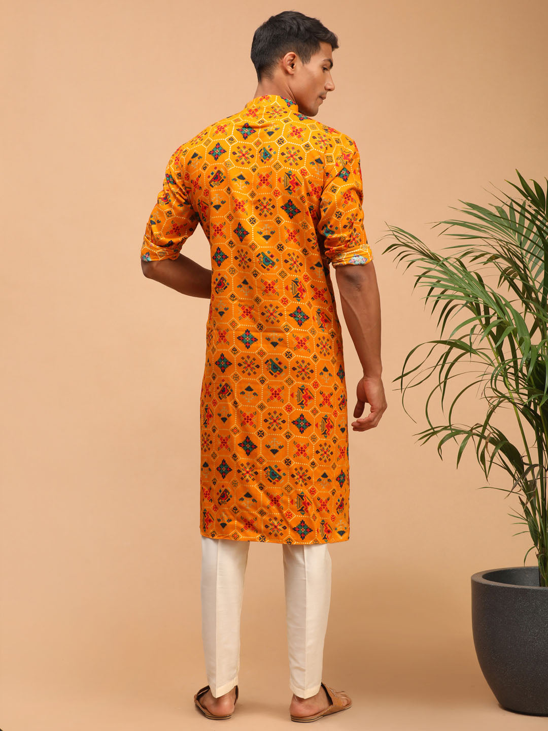 Vastramay mens yellow color printed silk blend ethnic kurta and cream solid pant