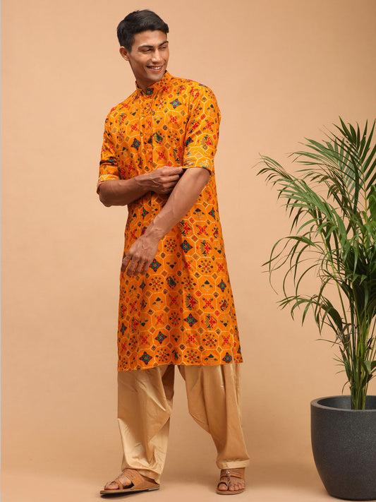 Vastramay mens yellow color printed silk blend ethnic kurta and rose gold patiyala set