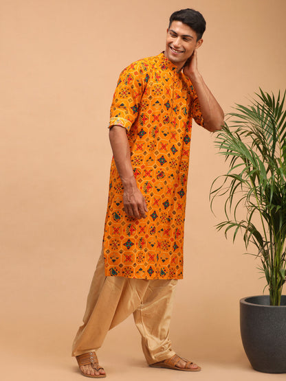 Vastramay mens yellow color printed silk blend ethnic kurta and rose gold patiyala set