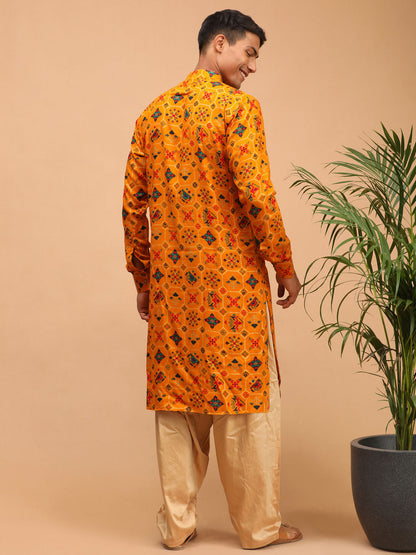 Vastramay mens yellow color printed silk blend ethnic kurta and rose gold patiyala set