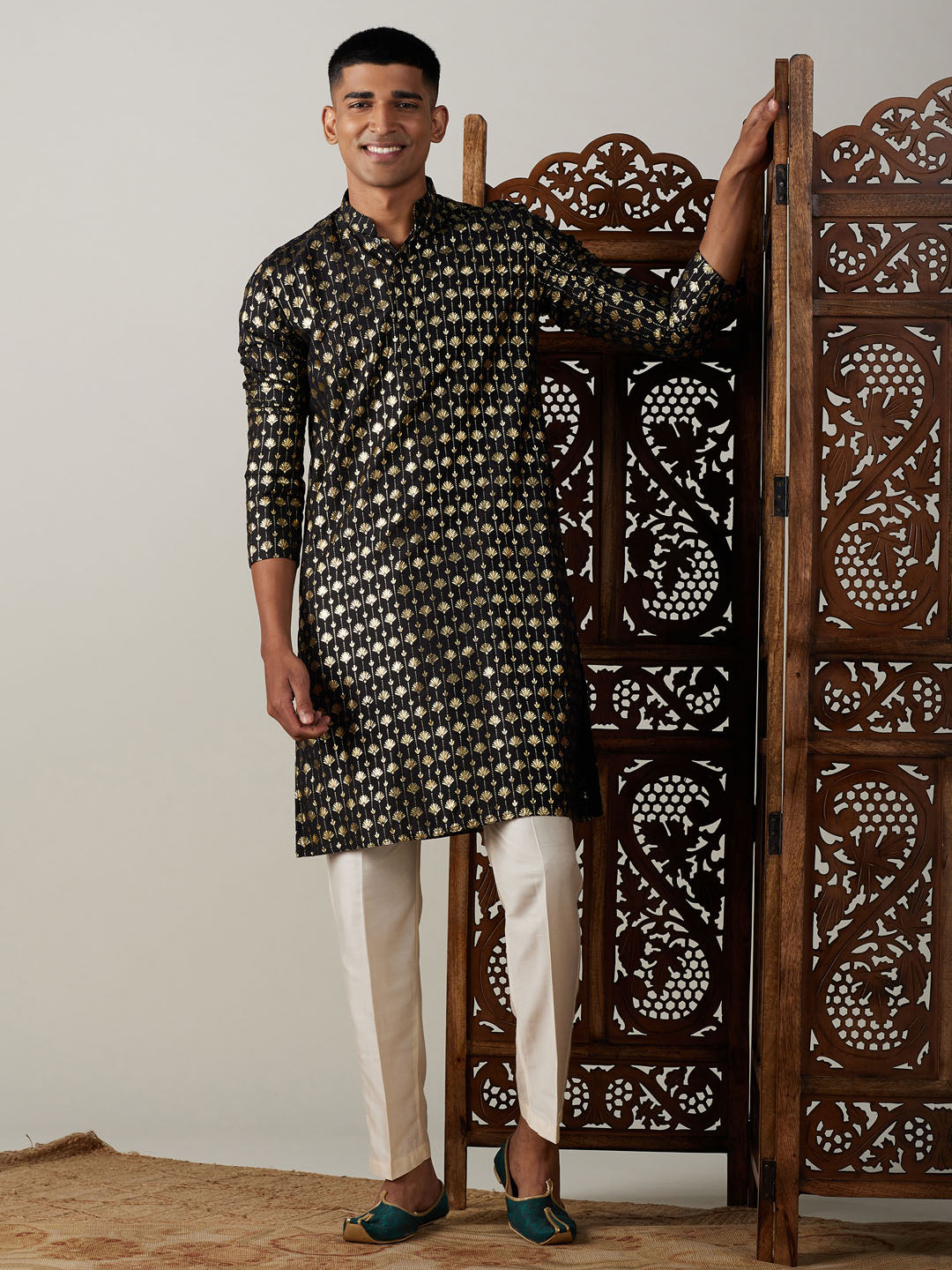 Vastramay mens black foil printed kurta with cream pant style pyjama set