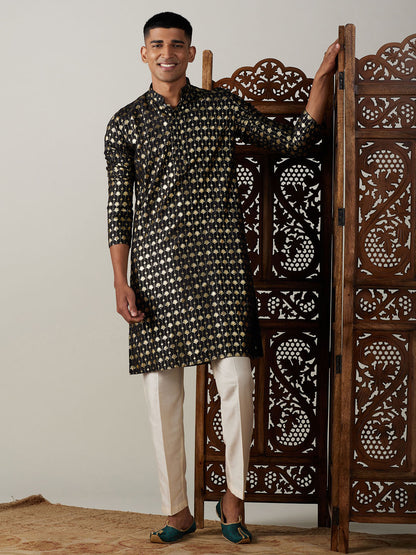 Vastramay mens black foil printed kurta with cream pant style pyjama set