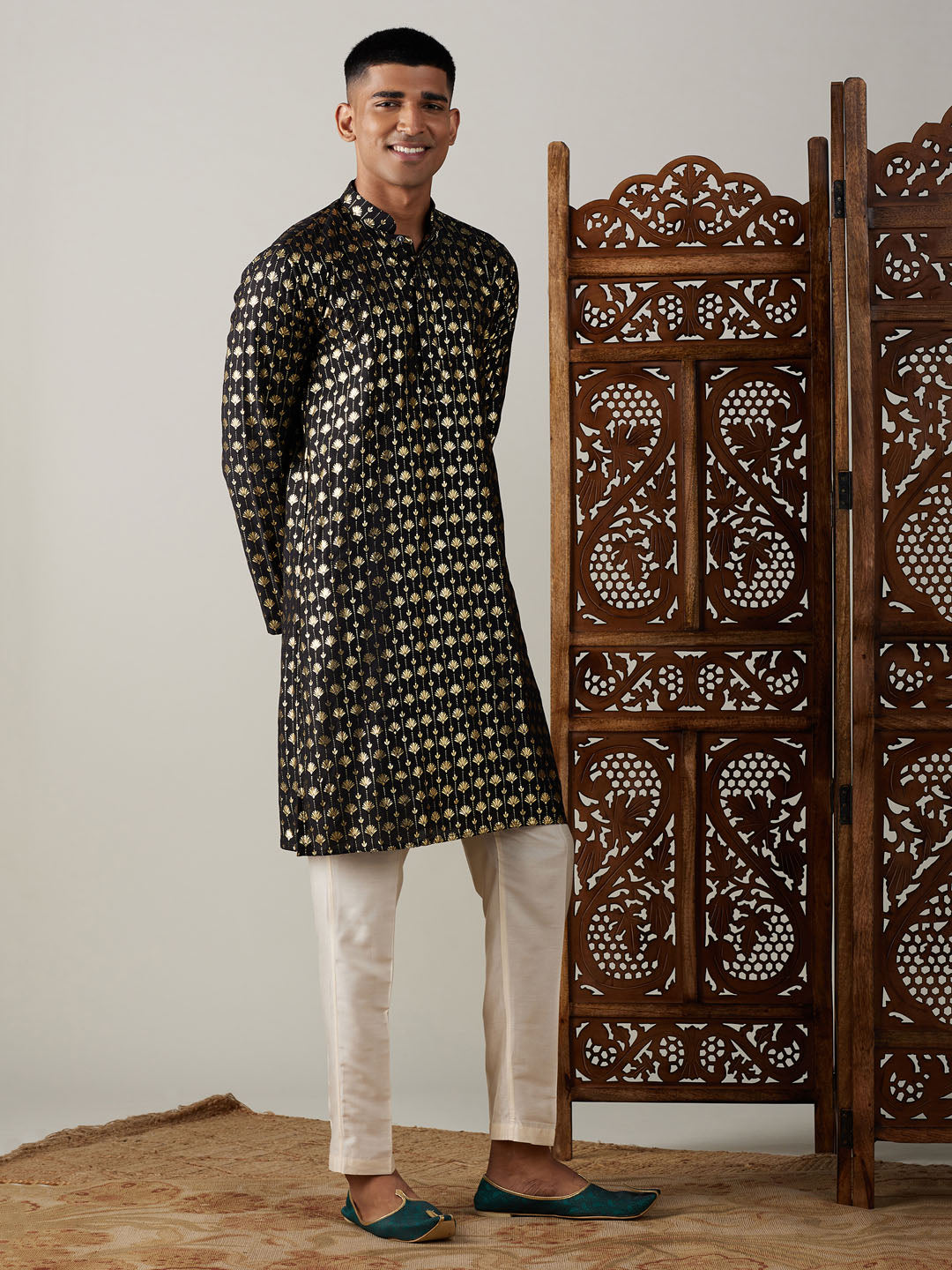 Vastramay mens black foil printed kurta with cream pant style pyjama set
