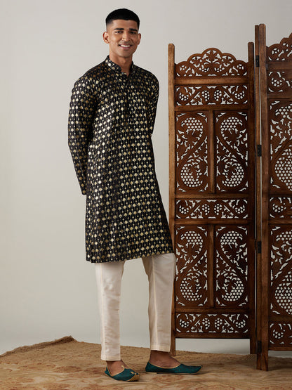 Vastramay mens black foil printed kurta with cream pant style pyjama set