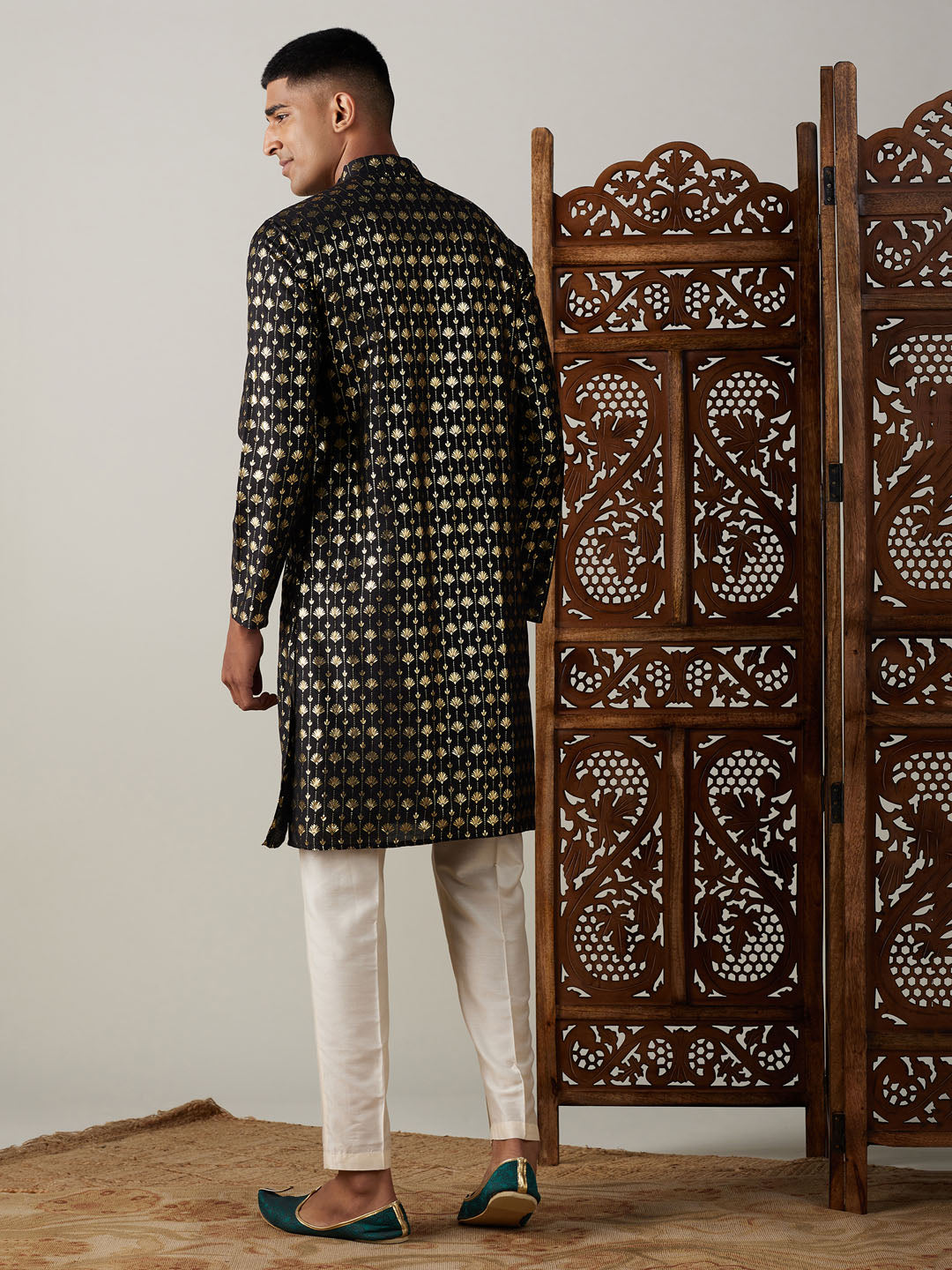 Vastramay mens black foil printed kurta with cream pant style pyjama set