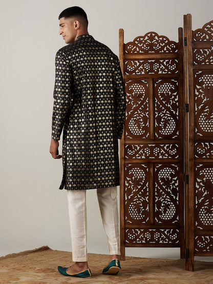 Vastramay mens black foil printed kurta with cream pant style pyjama set