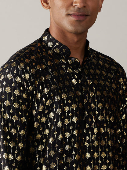 Vastramay mens black foil printed kurta with cream pant style pyjama set