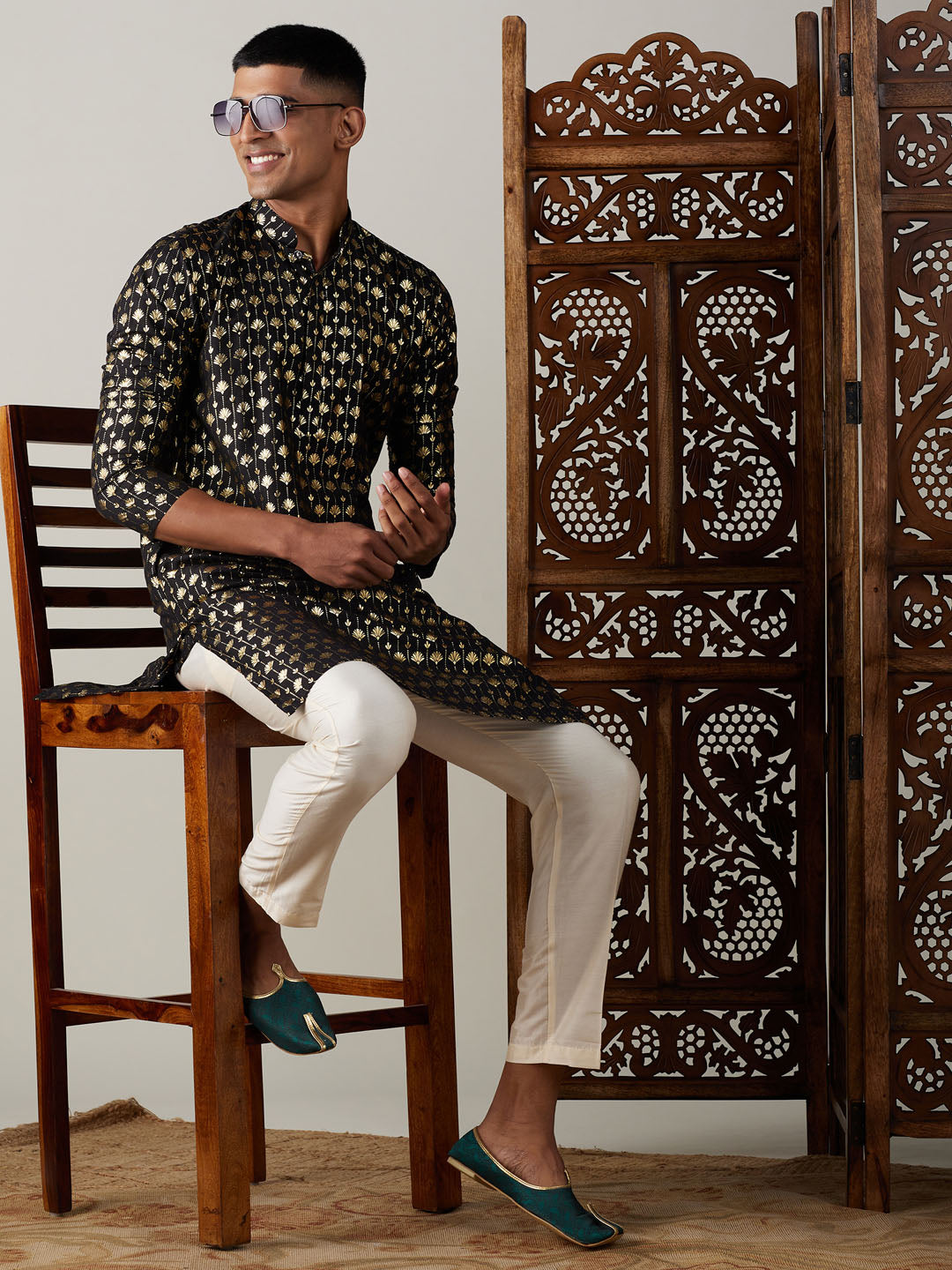 Vastramay mens black foil printed kurta with cream pant style pyjama set