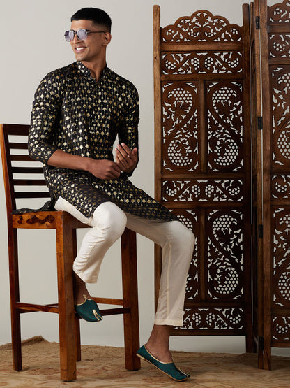 Vastramay mens black foil printed kurta with cream pant style pyjama set