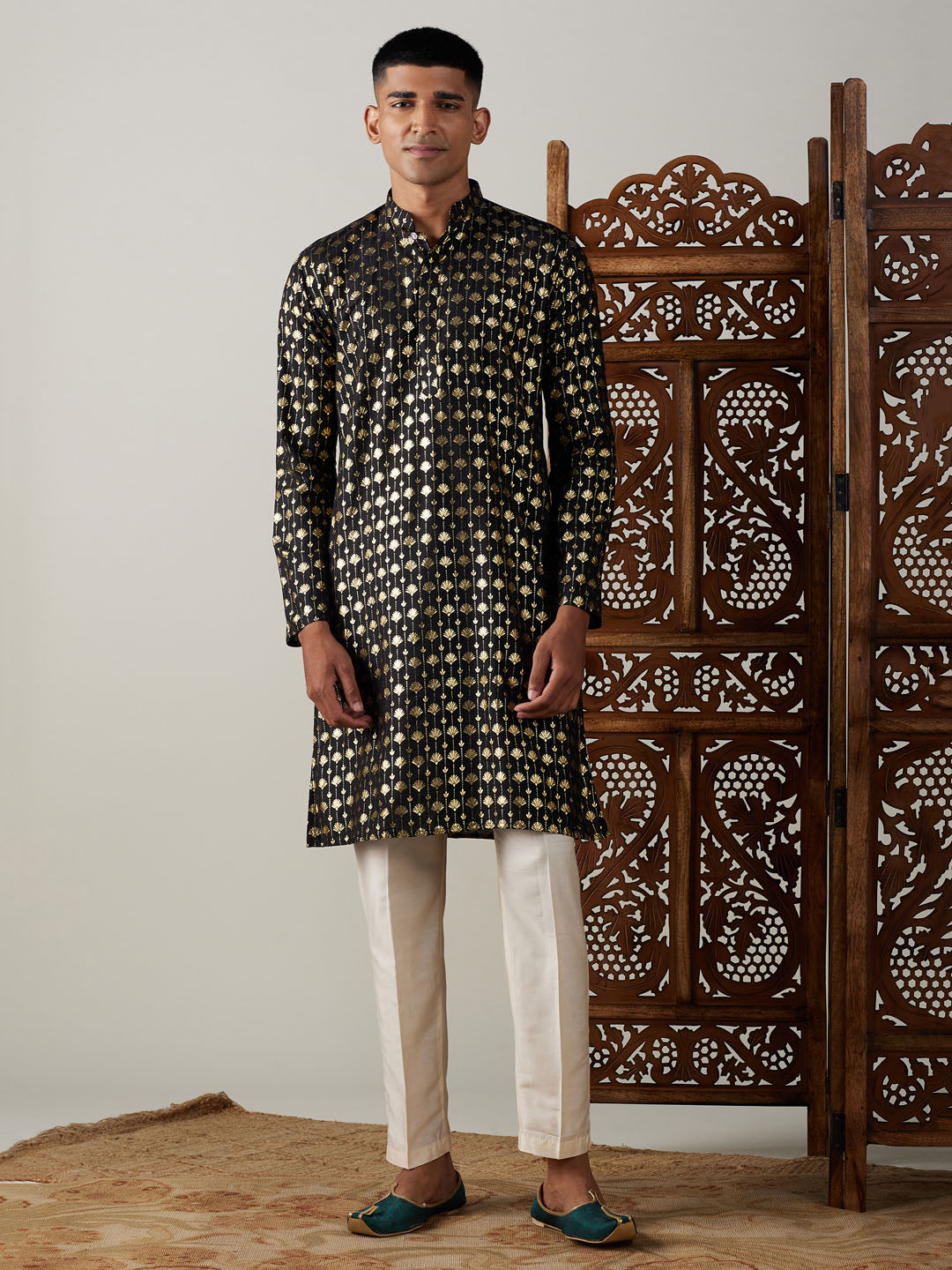 Vastramay mens black foil printed kurta with cream pant style pyjama set