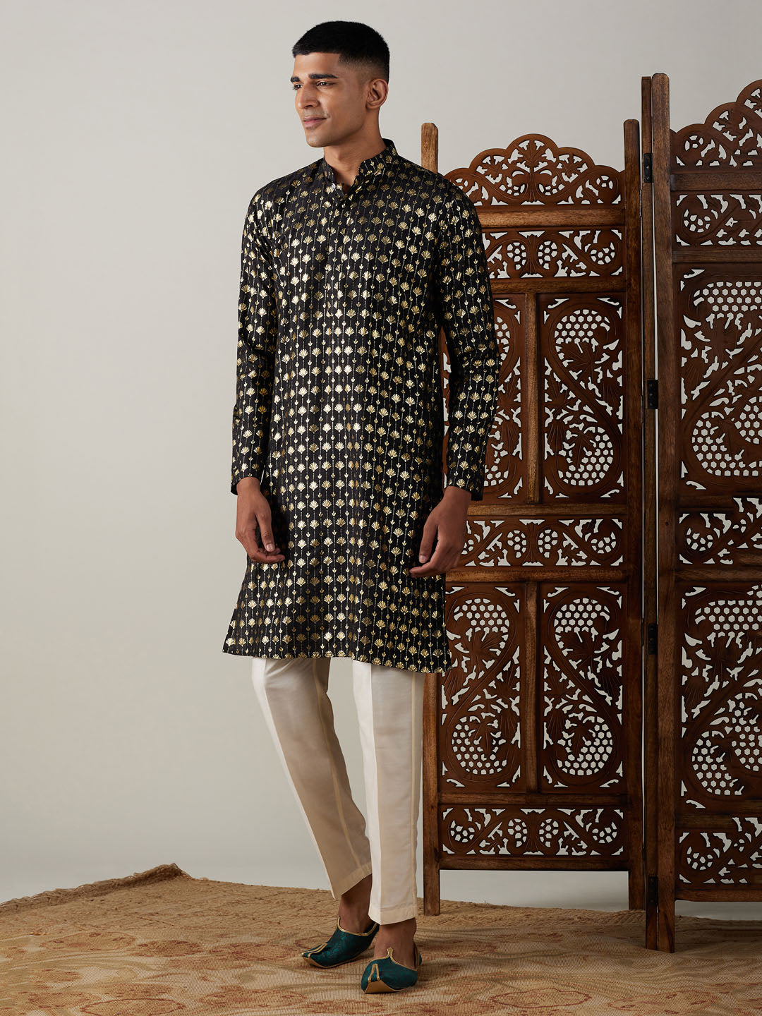 Vastramay mens black foil printed kurta with cream pant style pyjama set