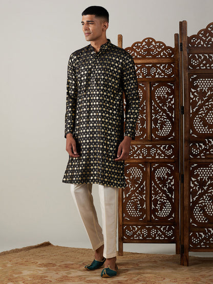 Vastramay mens black foil printed kurta with cream pant style pyjama set
