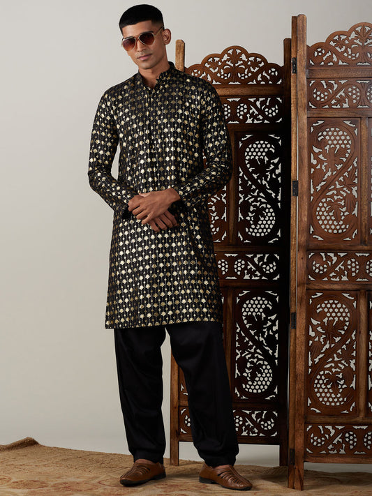 Vastramay mens black foil printed kurta with patiala set