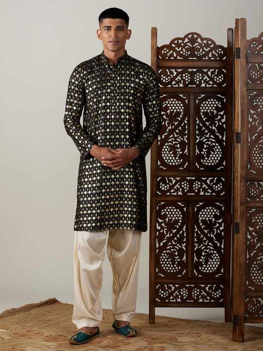 Vastramay mens black foil printed kurta with cream patiala set