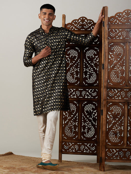 Vastramay mens black foil printed kurta with cream pyjama set