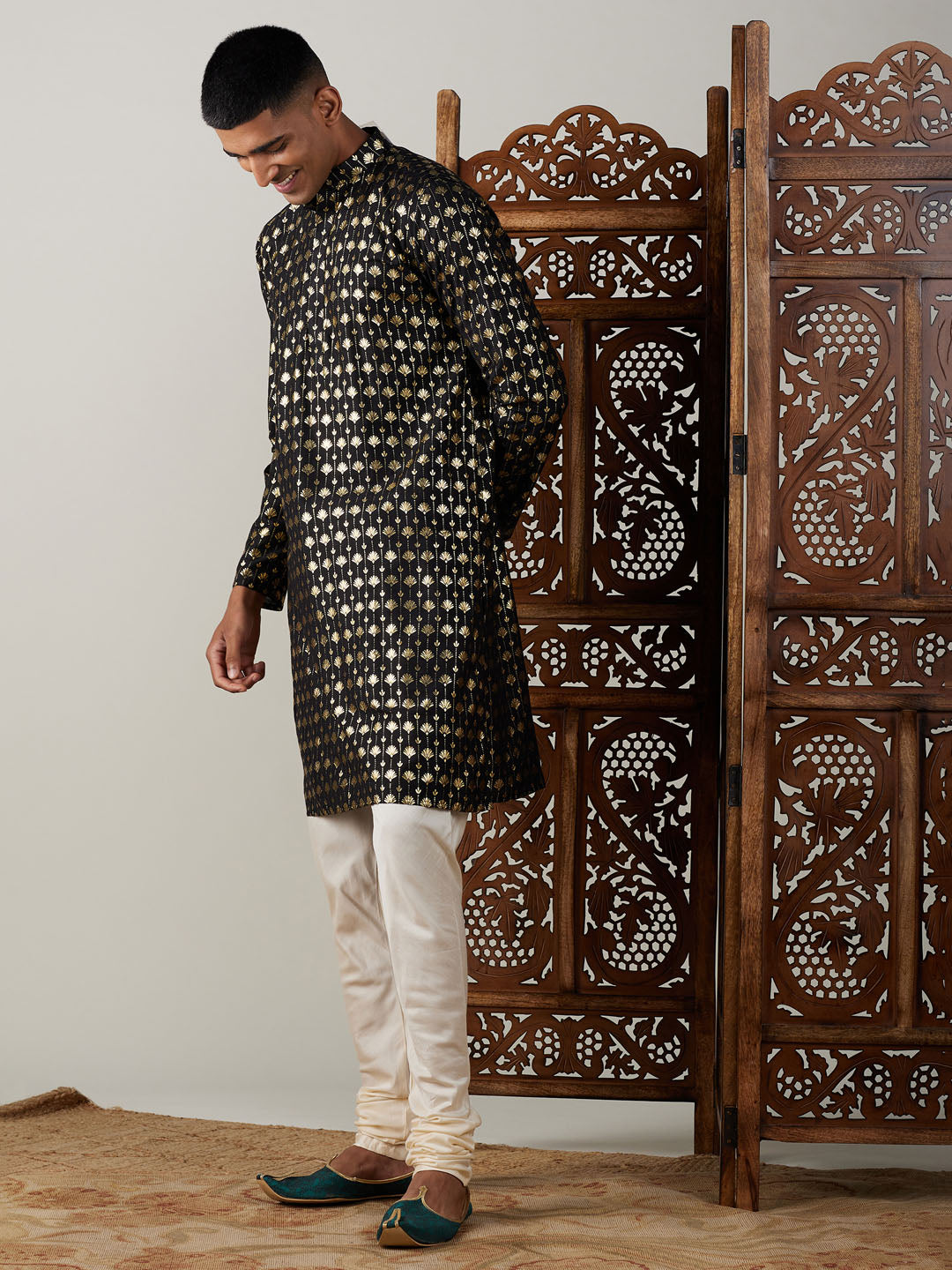 Vastramay mens black foil printed kurta with cream pyjama set