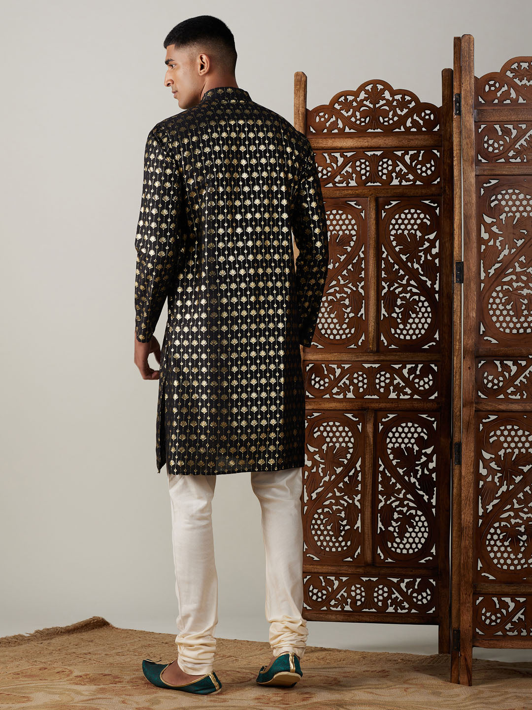 Vastramay mens black foil printed kurta with cream pyjama set
