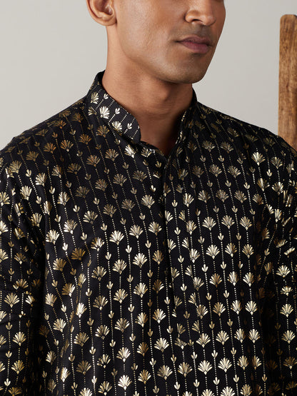 Vastramay mens black foil printed kurta with cream pyjama set