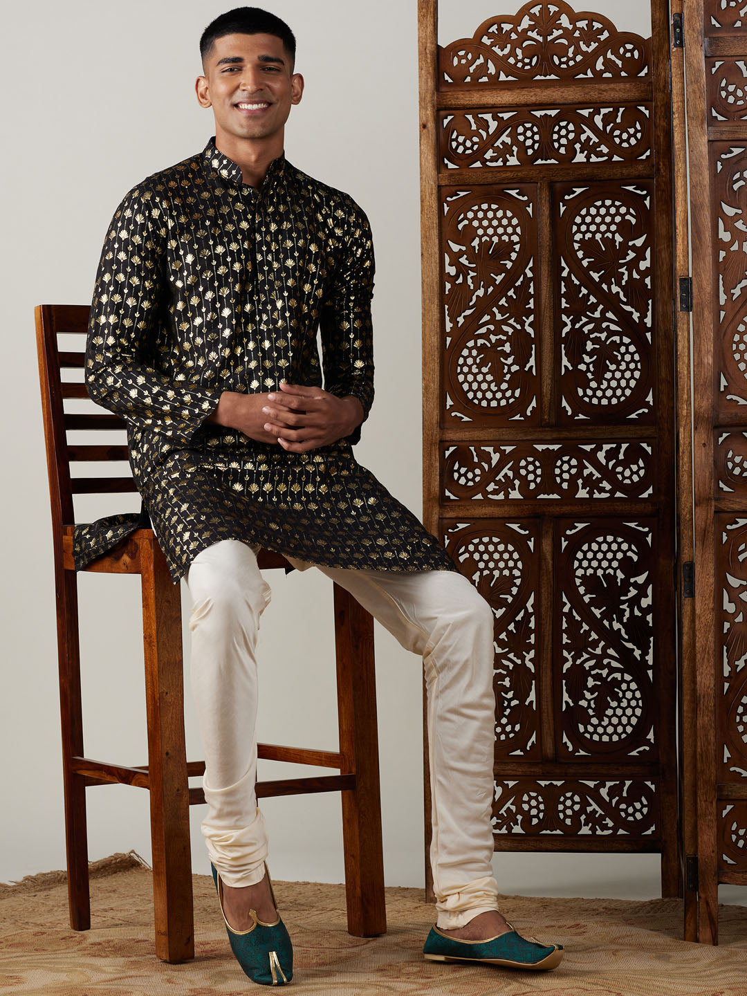 Vastramay mens black foil printed kurta with cream pyjama set