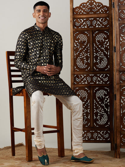 Vastramay mens black foil printed kurta with cream pyjama set