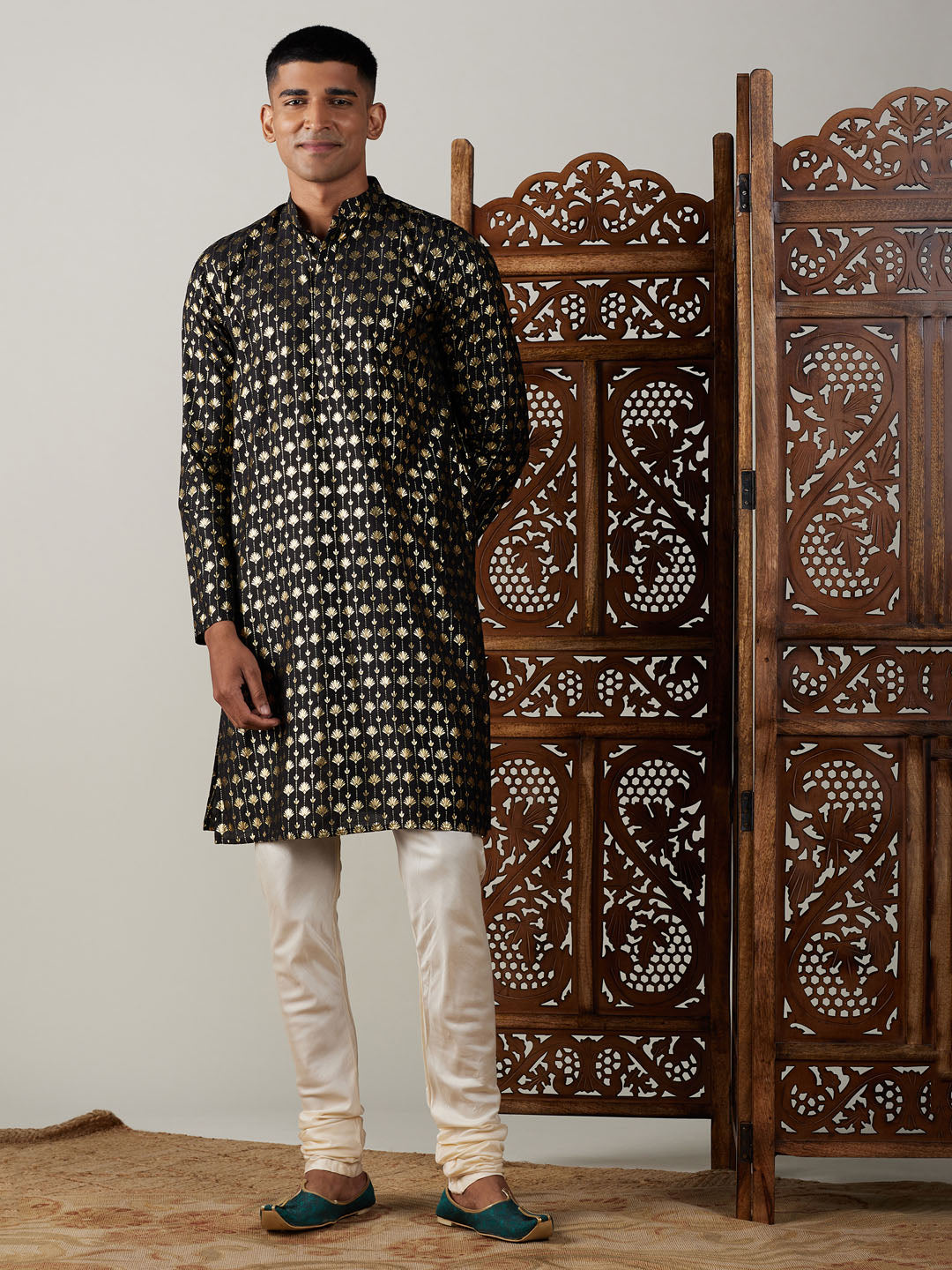 Vastramay mens black foil printed kurta with cream pyjama set