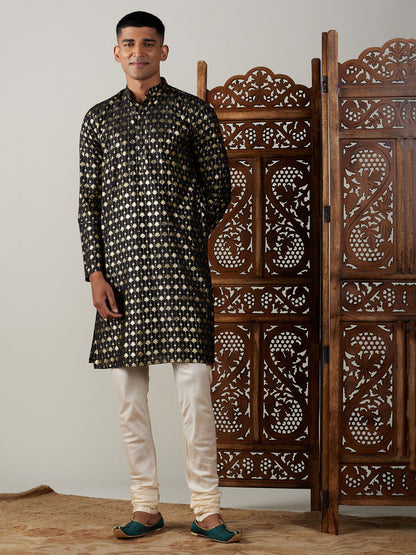 Vastramay mens black foil printed kurta with cream pyjama set