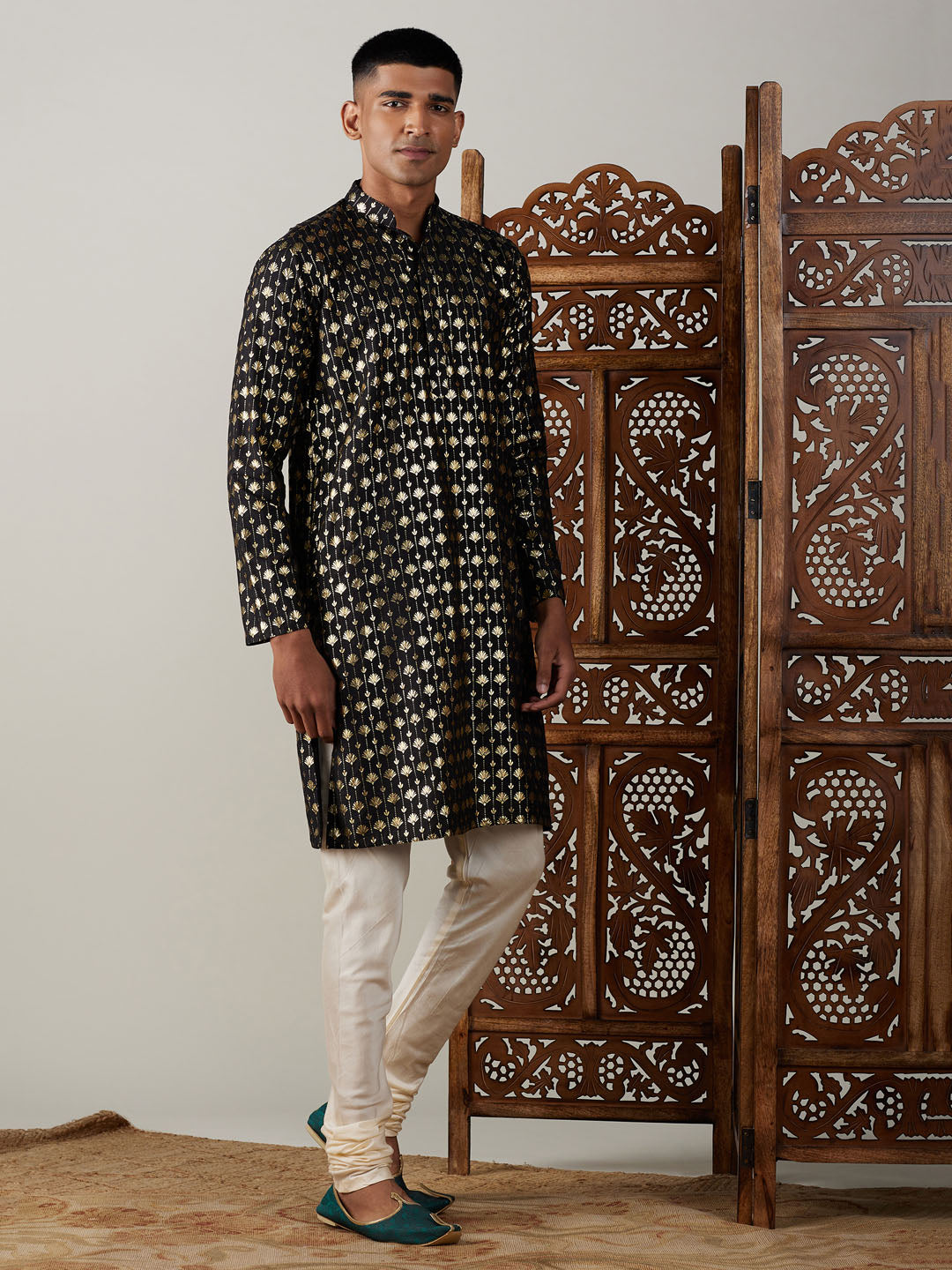 Vastramay mens black foil printed kurta with cream pyjama set
