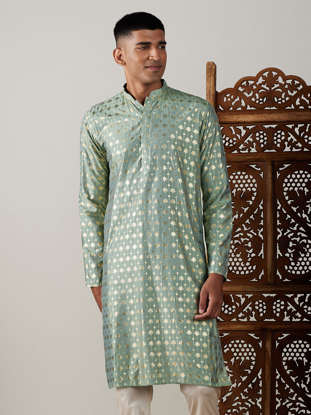 Vastramay mens light green foil printed kurta