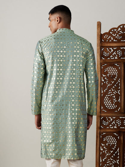 Vastramay mens light green foil printed kurta