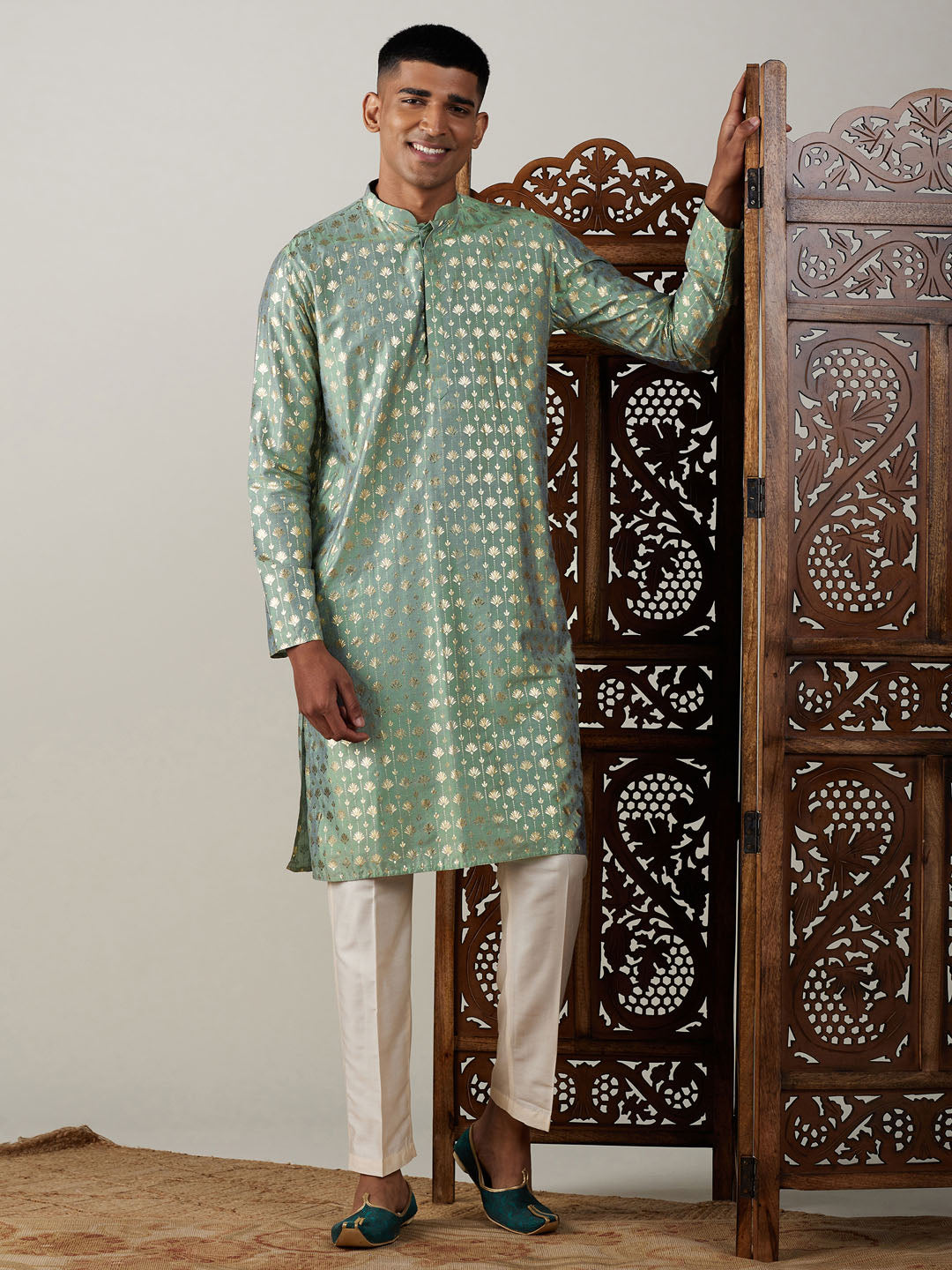 Vastramay mens light green foil printed kurta with cream pant style pyjama set