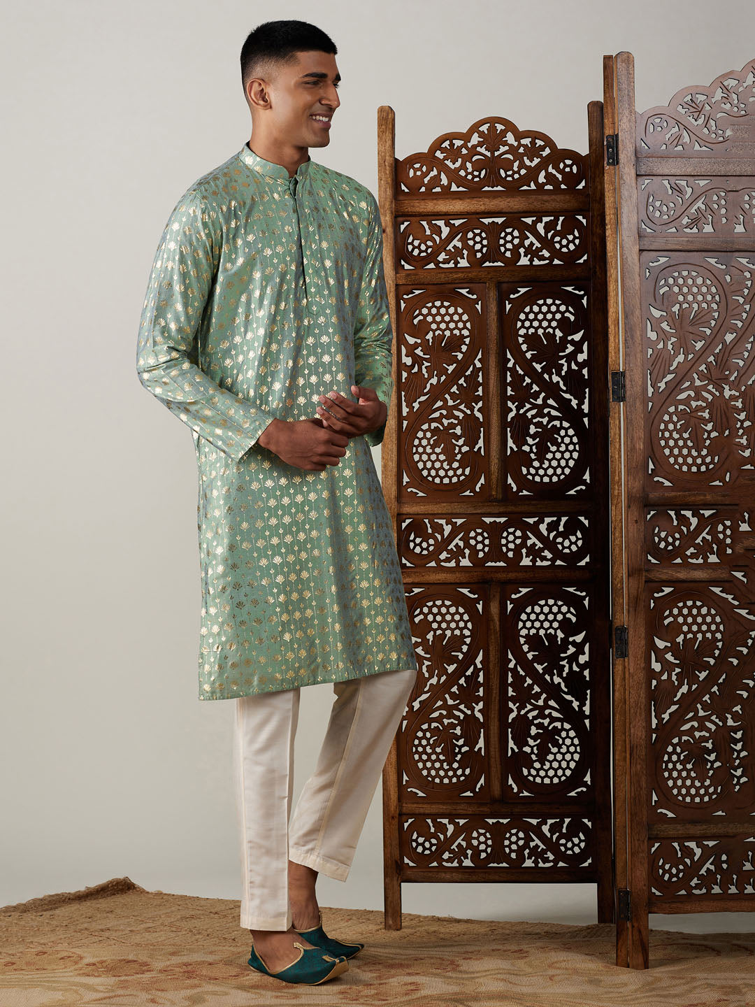 Vastramay mens light green foil printed kurta with cream pant style pyjama set