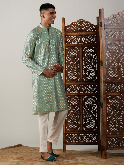 Vastramay mens light green foil printed kurta with cream pant style pyjama set